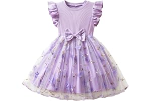 JiAmy Girls Tulle Dress Toddler Floral Embroidered Summer Ruffle Sleeve Casual Bowknot Kids Dresses for 2-7 Years