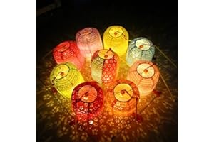 METANY 10PCS Paper Lanterns Variety Color Vibrant 6inches with LED Lights, Hollow Out Hanging with Tassels Walking Sticks for Dinner Birthday Party Decor (Winter Melon Shape)