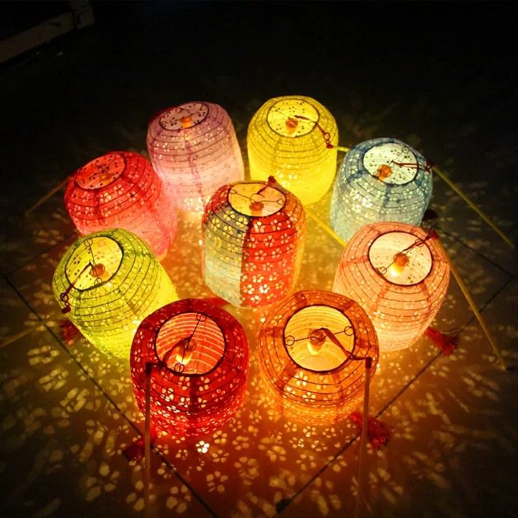 Photo 1 of 10PCS Paper Lanterns Variety Color Vibrant Paper Lanterns 6inches with LED Lights, Hollow Out Hanging Paper Lanterns with Tassels Walking Sticks for Dinner Birthday Party Decor (Winter Melon Shape)