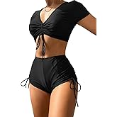 Lilosy High Waisted Tummy Control Drawstring Bikini Set Srting Swimsuit Short Sleeve Top and Tie Side Shorts 2 Piece