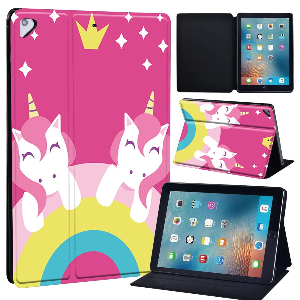 Leather slim lightweight Stand Cover Case for Apple New iPad 9.7 2018 2017(6th Gen, 5th Gen)/iPad Air 2/iPad Air/iPad Pro 9.7 Tablet with Auto Wake/Sleep (pink twin unicorn)