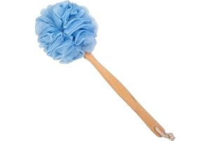 Arswin Loofah Back Scrubber for Shower, Wooden Long Handle Bath Sponge Lufa Shower Brush, Soft Nylon Mesh Back Cleaner Washer, Women & Men Exfoliating Luffa Pouf on a Stick for Body (Blue)