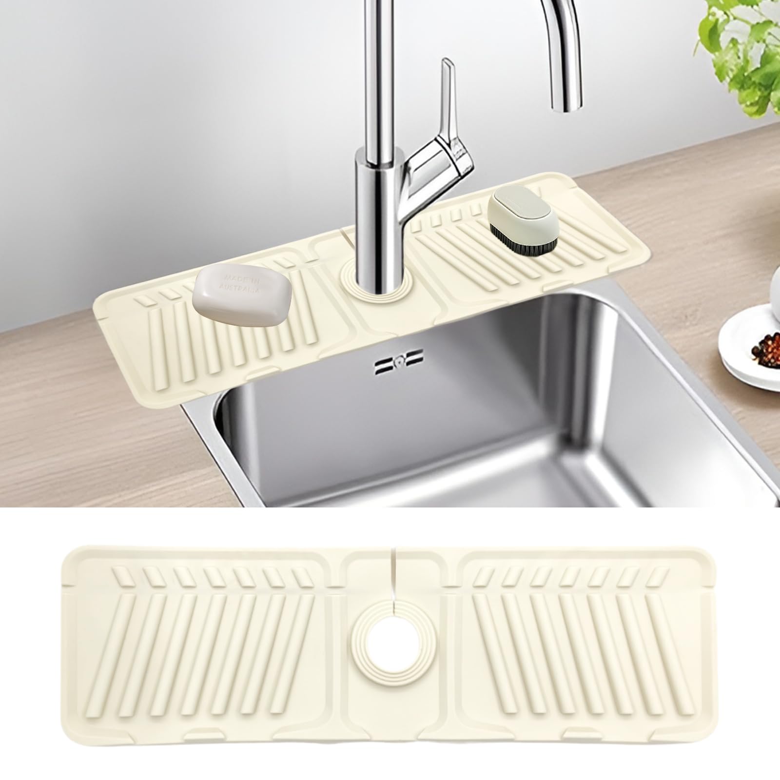 Silicone Sink Faucet Mat for Kitchen, Sink Splash Guard Drying Tap Mat Draining Pad, Faucet Handle Drip Catcher Tray for Kitchen Bathroom Counter (White)
