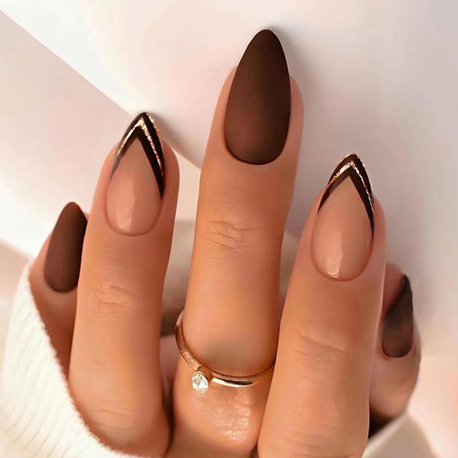 Ceboic 24Pcs Press on Nails French Tip, Almond Shaped False Nails Short Dark Red Brown Acrylic Fake Nails, Pure Color Autumn Glitter Oval Stick on Nails for Women and Girls DIY Nail Salon