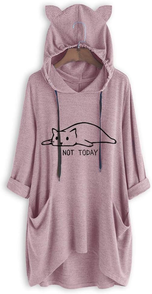 Women's Cute Ear Hooded Sweatshirt 3/4 Sleeve Loose Pullover Hoodie Oversized Casual Tunic Top