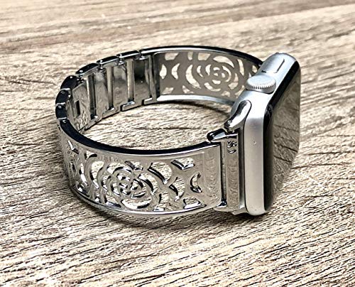 Shiny Silver Bracelet For Apple Watch Band Women 38mm 40mm Flowers Design Bangle iWatch Band Bangle Adjustable Size iWatch Feminine Jewelry Bracelet Elegant Apple Watch Wristband
