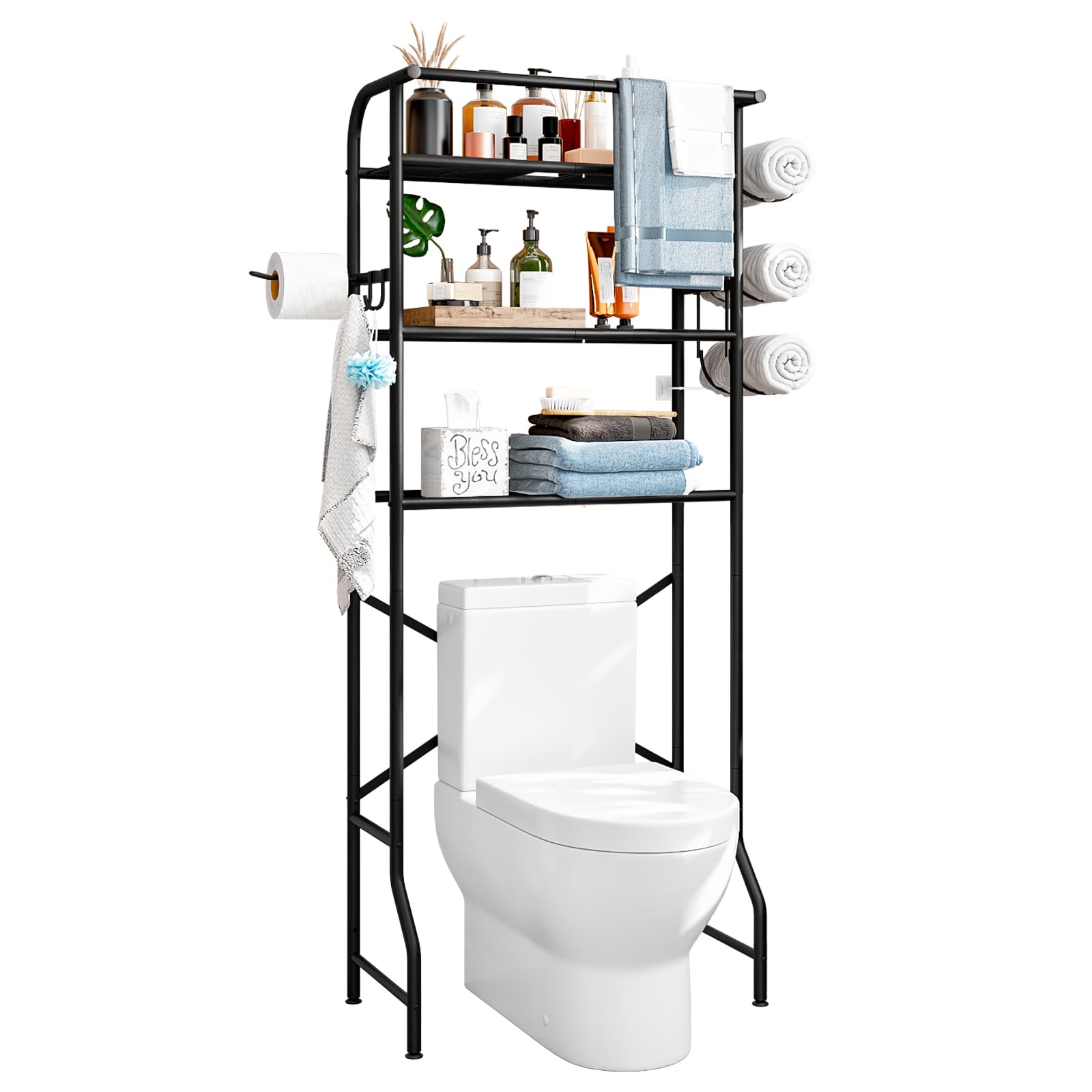 Photo 1 of Dazioter Over The Toilet Storage Metal 3 Tier Bathroom Organizer Shelf with Paper Holder Easy to Assemble & Space Saving (Black)