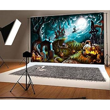 8x65ft Laeacco Vinyl Photography Background Halloween Night Mystery Graveyard Illustration Ghost Tree Haunted House Cross Grimace Pumpkin Scary Night