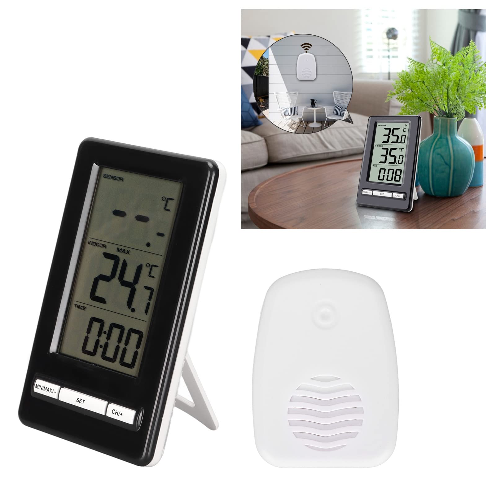 Electronic thermometer, home mini digital thermometer, wireless digital weather station, with clock display, LCD screen, a portable transmitter, for indoor, outdoor