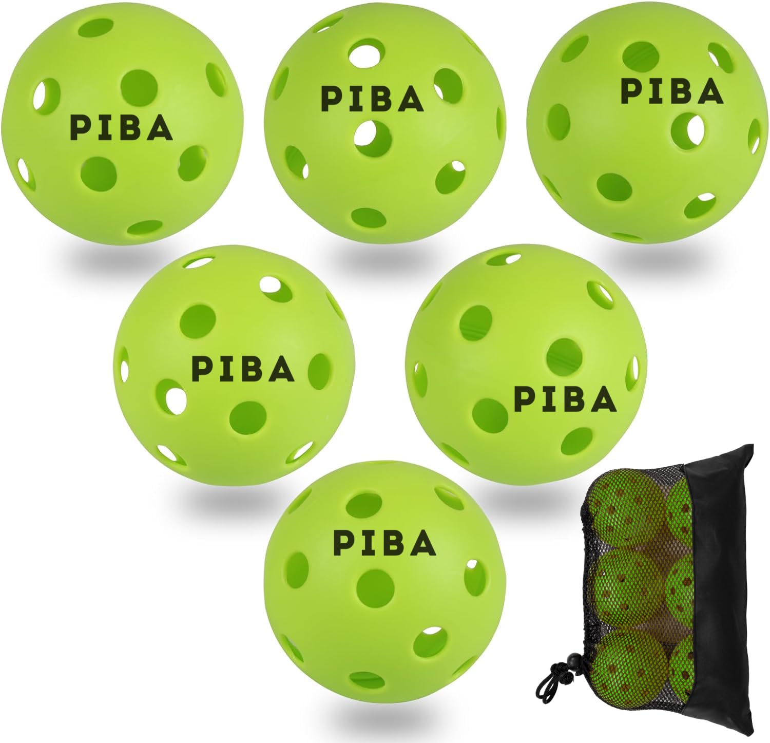 PiBa Sports Premium Indoor Pickleballs - Set of 6 Green Balls, Lightweight, 26 Holes, Includes Transport Net, Ideal for All Players