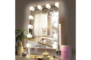 HIEEY Hollywood Vanity Mirror with 12 Dimmable Bulbs Lights , Three Color Lighting Modes, and 5X Magnification , Smart Touch Control, 360°Rotation (White,Gift Box)