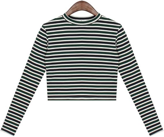 Amazon Formanism カジュアル ショート丈 へそ出し 長袖 ボーダー カットソー トップス レディース グリーン M Tシャツ カットソー 通販