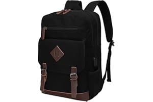 MODOKER Canvas Backpack for Men Women, Vintage Rucksack Fits Most 15.6 Inch Laptop, Bookbag with USB Charging Port, Black