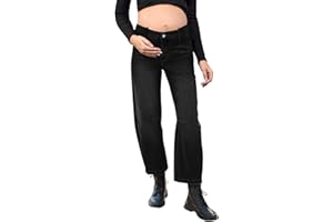 BLENCOT Women's Maternity Baggy Jeans Elastic Waist Stretch Barrel Jeans Loose Side Panel Wide Leg Pregnancy Denim Pants