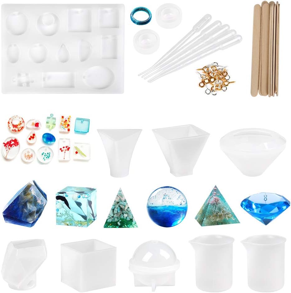 BUYGOO 50Pcs Silicone Resin Casting Molds Set, Including Cube, Pyramid, Sphere, Diamond, Stone Resin Mold, Resin Silicone Molds with Silicone Measuring Cups & Wood Sticks
