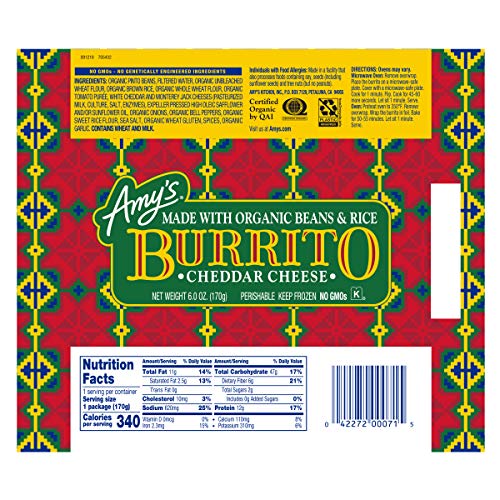 Amy's Cheddar Cheese Burrito with Beans and Rice, Frozen Meals, 6.0 oz
