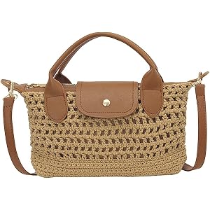 Mini Crochet Crossbody Bags for Women Summer Beach Handbag Woven Tote Purse with Leather Top Handle