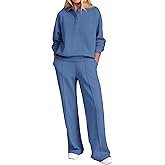 PRETTYGARDEN Women Fall 2 Piece Outfits Sweatsuits Quarter Button Long Sleeve Sweatshirt Wide Leg Pants Tracksuit Lounge Sets