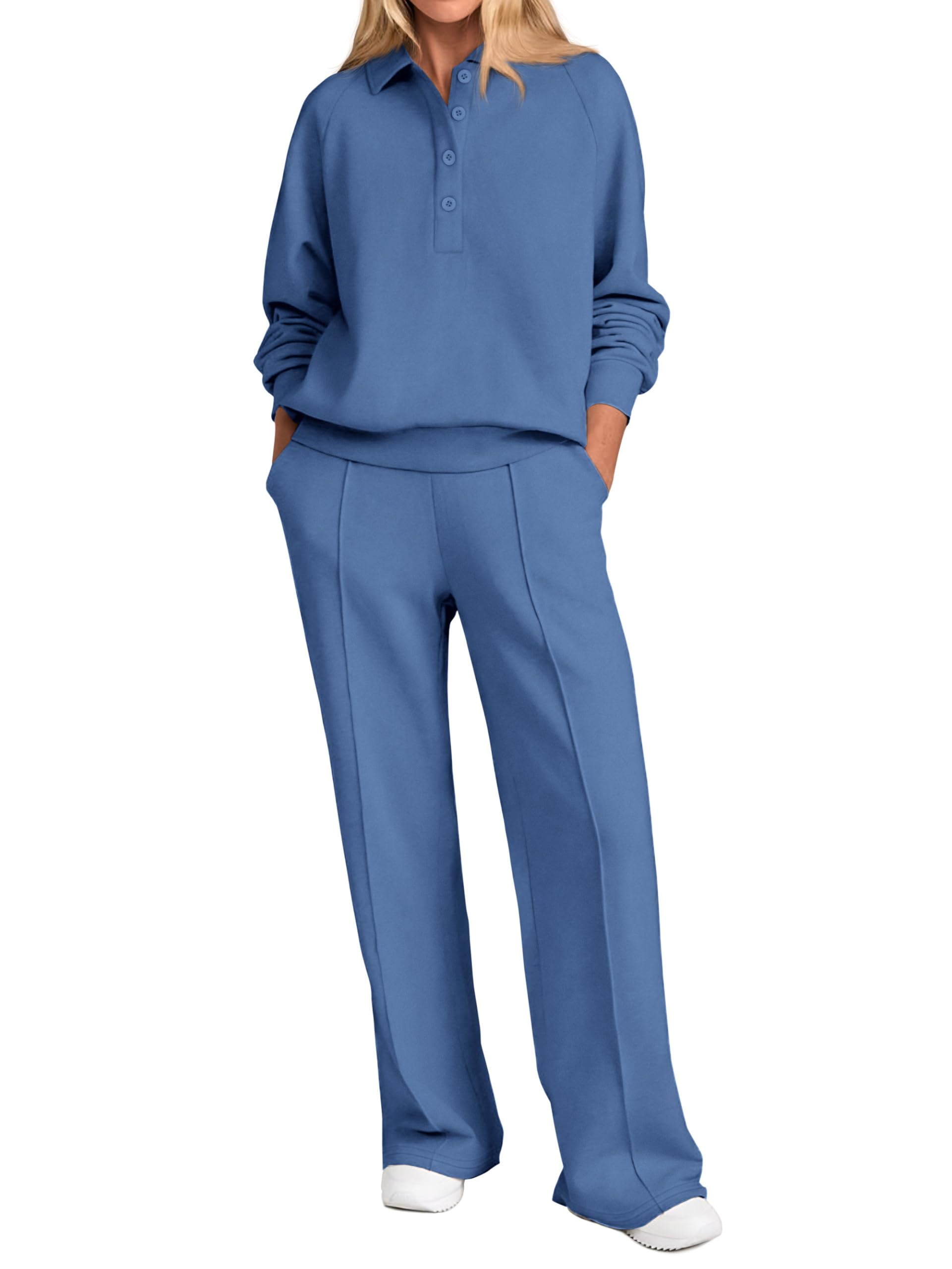 Photo 1 of PRETTYGARDEN Women Fall 2 Piece Outfits Sweatsuits Quarter Button Long Sleeve Sweatshirt Wide Leg Pants Tracksuit Lounge Sets(Blue,Large)