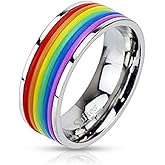 Artisan Owl Stainless Steel Rainbow Rubber Striped Gay Lesbian Pride Band Ring with Gift Box