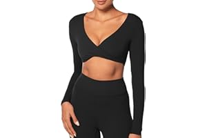 Sunzel Women's Long Sleeve Crop Top, Buttery Soft Deep V Twist Workout Tee with Compression for Yoga, Pilates, Gym