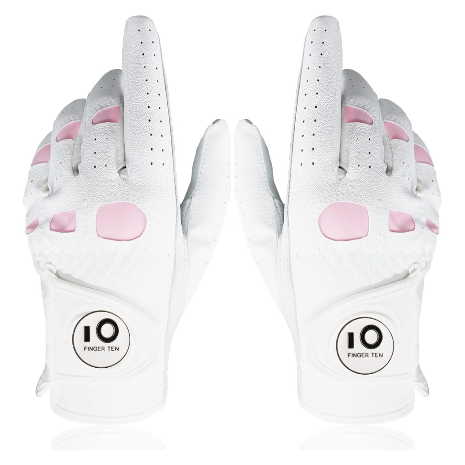 FINGER TEN Golf Gloves Ladies with Ball Marker for Left and Right Hand Cabretta Leather in Pair, Womens Golf Glove Rain Grip All Weather Soft Comfortable Flexible Size S M L XL (Medium)