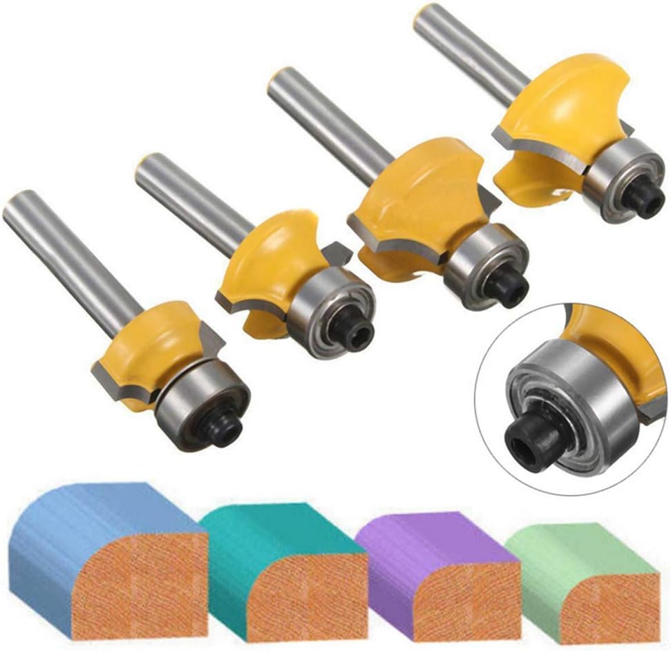 1/4-Inch Shank Roundover Edging Router Bit Set, Woodworking Milling Cutter Tools Corner Rounding Edge-forming Bit Set 1/8", 1/4", 3/8", 1/2" Radius (4 Pack) - - 