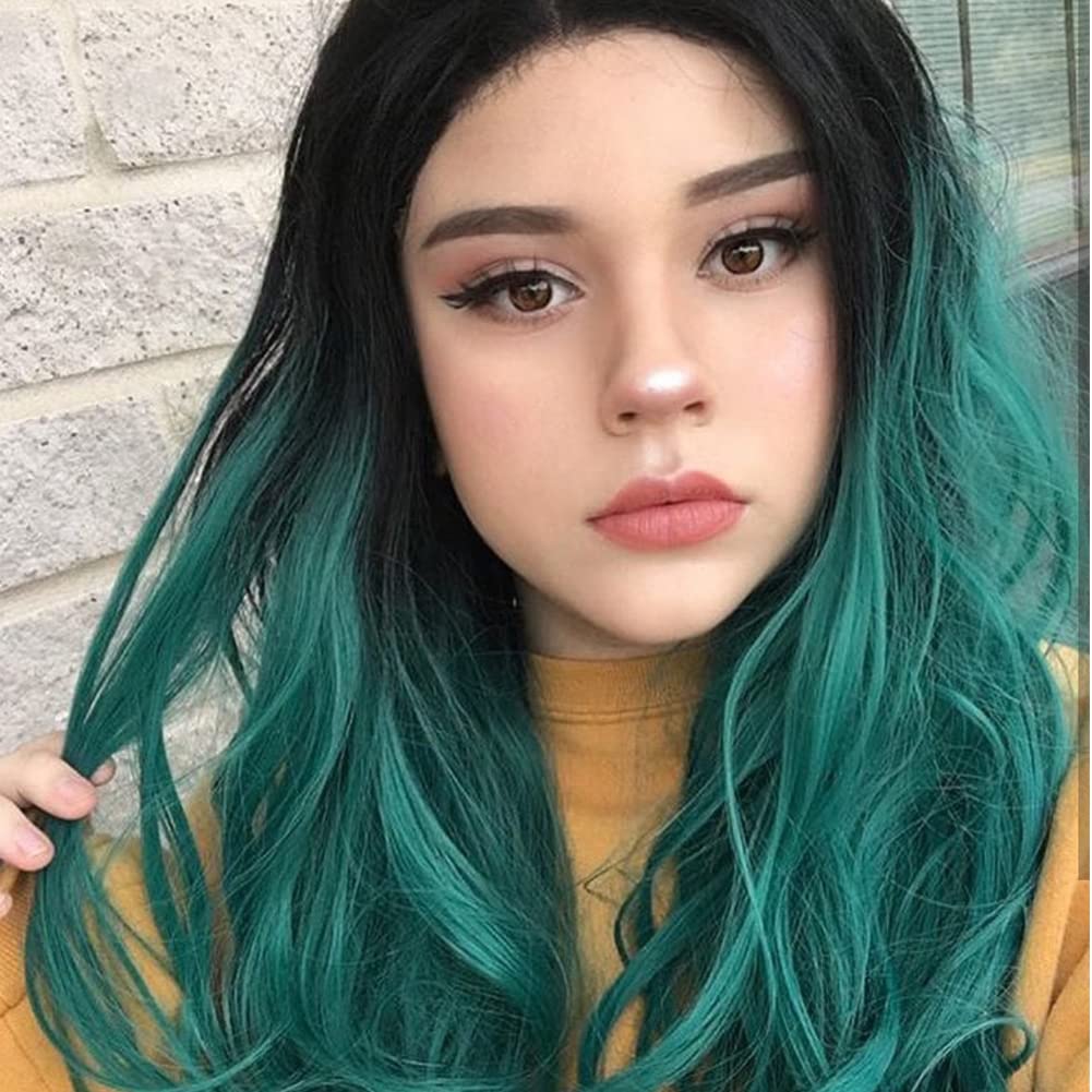 AFBeauty Omber Green Wig for Women Long Wavy Green with Dark Root Free Part Wig Synthetic Glueless Wig Heat Resistant Fiber Soft Wigs Cosplay Makeup