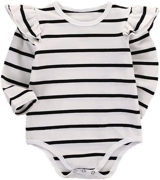 GSHOOTS Baby Girls' Clothes Long Butterfly Sleeve Ruffled Bodysuit Fly Sleeve Romper (80 / 6-12 Months, Striped White)
