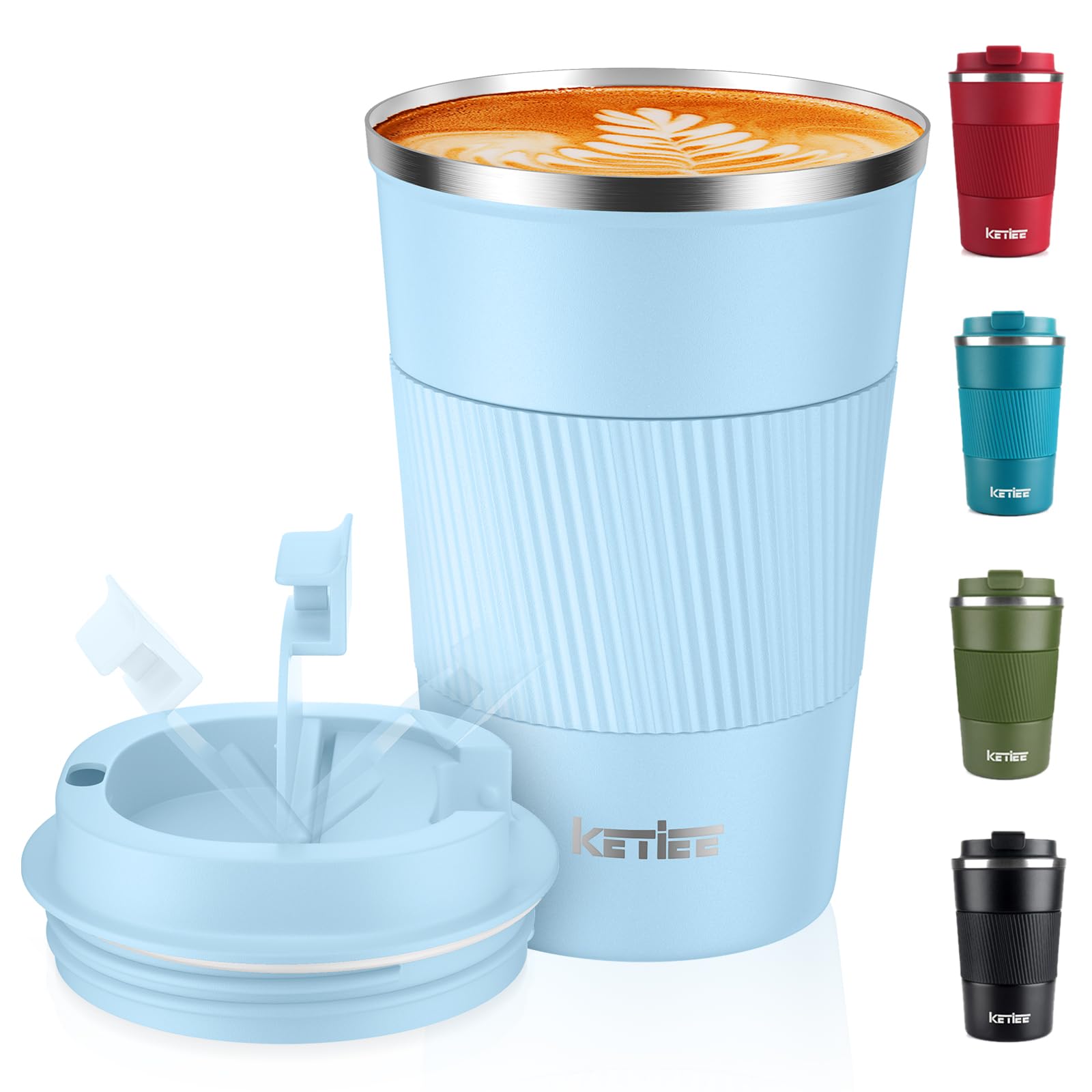 KETIEE Travel Mug Insulated Coffee Cup with Leakproof Lid, Reusable Stainless Steel Mug, 380ml Sky Blue