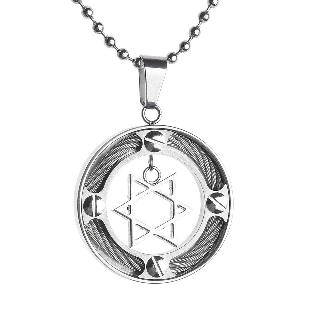 Zysta Collier de Pendentif Star of David/Étoile de David/Hexagramme Rond Juive Talisman Prière Couleur Argent en Acier Inox pour Homme Femme
