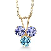 Gem Stone King 14K Yellow Gold Blue Tanzanite and Swiss Blue Topaz 3-Stone Pendant Necklace For Women (0.45 Cttw, Gemstone December Birthstone, Round 3MM, 18 Inch Chain)