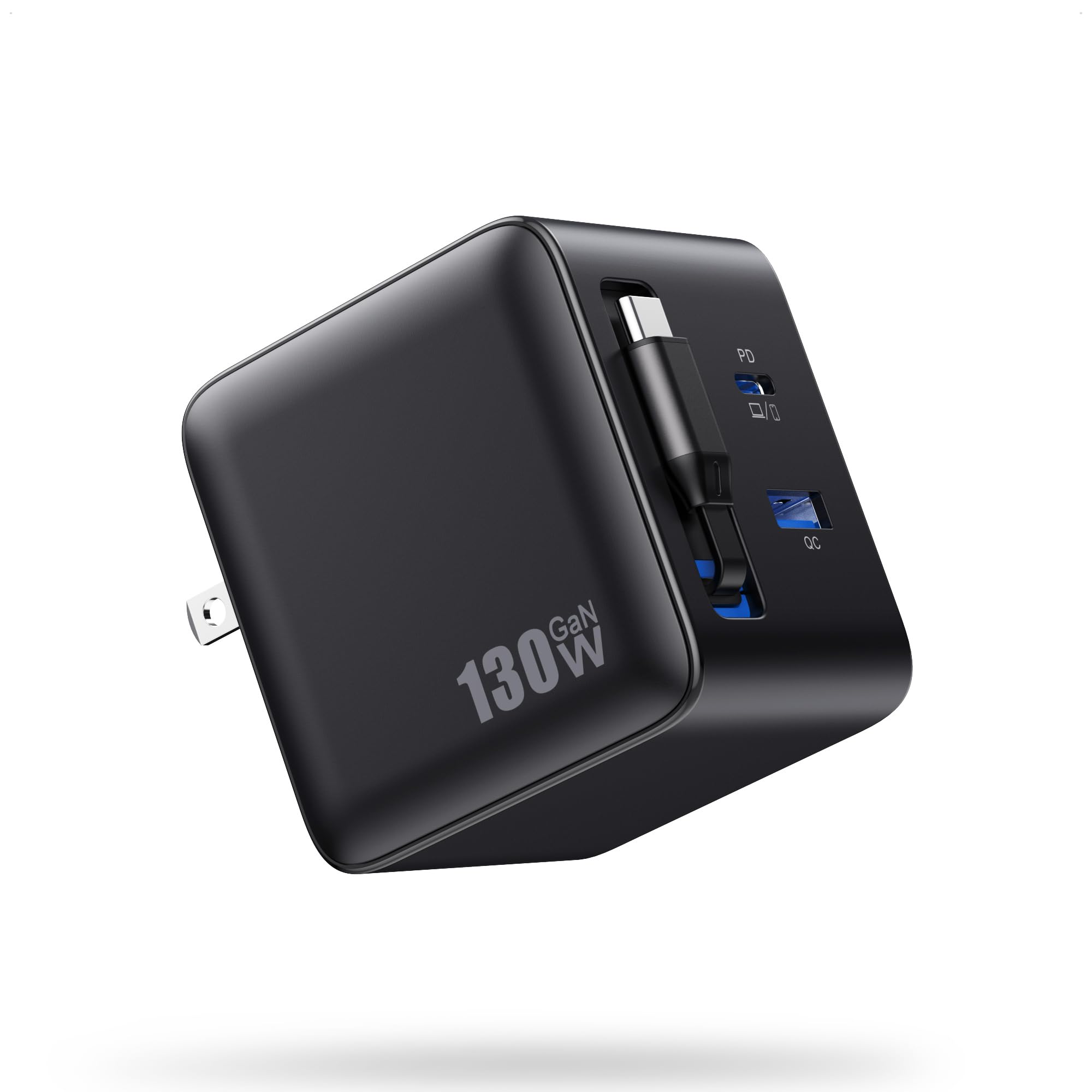 Photo 1 of 130W USB C Charger Block with Built-in Retractable Cable,Foldable Plug Wall Charger and 2 USB Ports,65W PD USB C GaN Fast Charging Station Traval Power Adapter for MacBook,iPad,iPhone 16,Galaxy-Black