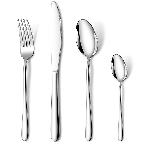 HONKKU 16 Pieces Cutlery Set for 4 People, Stainless Steel Knife and Fork Sets, Mirror Polished Silverware Flatware Set, Classic Simple Design Easy Clean Dishwasher Safe