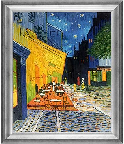 La Pastiche overstockArt Vincent Van Gogh Oil Painting with Athenian Silver Frame Cafe Terrace at Night, Antique Silver Finish (VG415-FR-20431320X24)