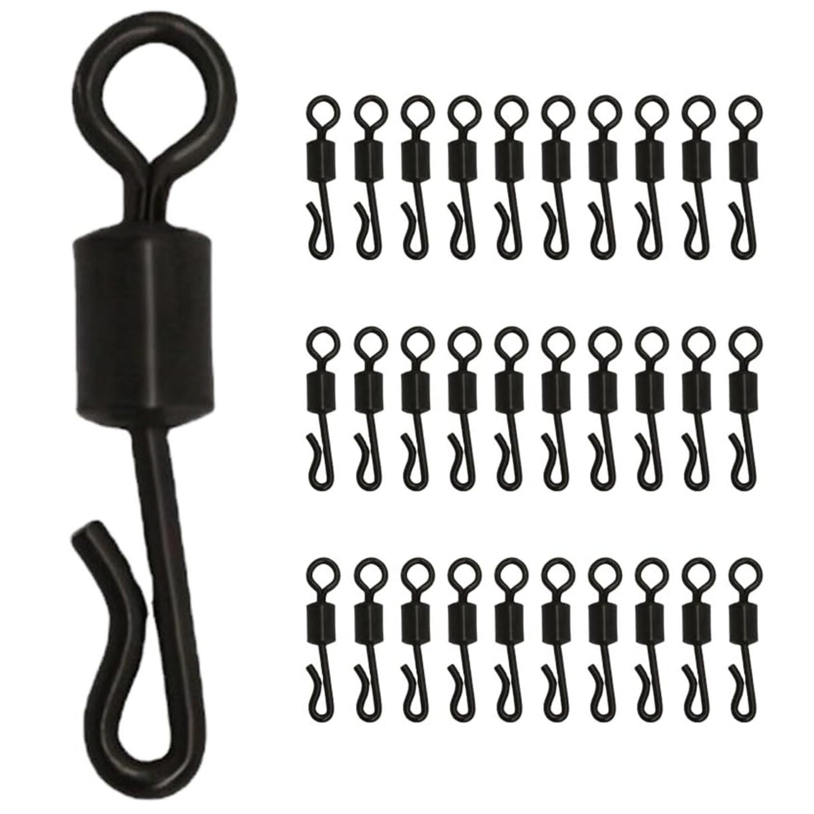 FYHJNC 30 Pcs Quick Change Fishing Swivels – Black Coated Brass Barrel Swivels with 360° Smooth Rotation for Carp, Sea & Bass Fishing – No Knot Needed