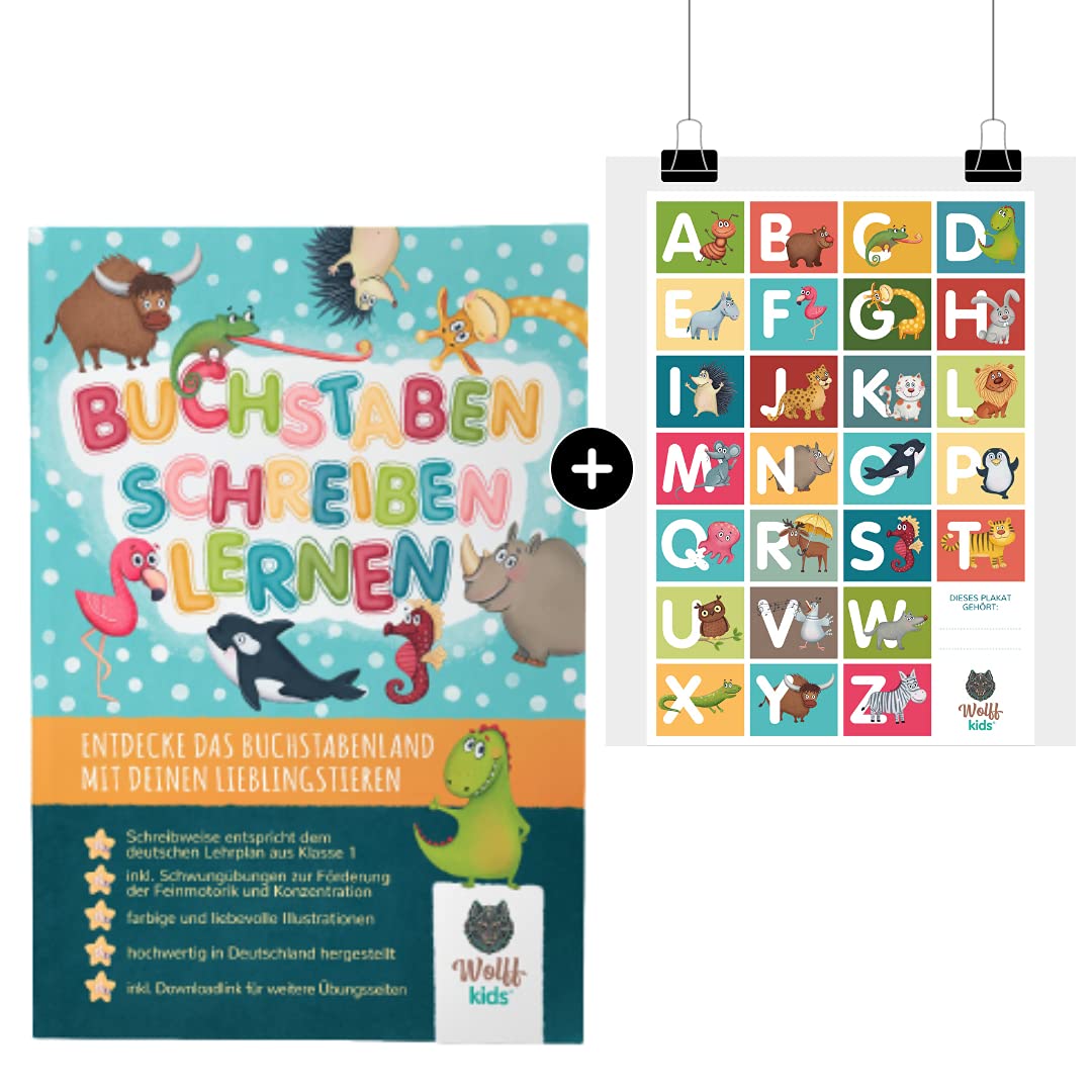 WOLFF KIDS ABC Poster + ABC Learning to Write Book I Letters Learn with Animals I 2-in-1 Letter Poster + ABC Book I Writing Exercises I Preschool - Nursery - First Class I School Preparation
