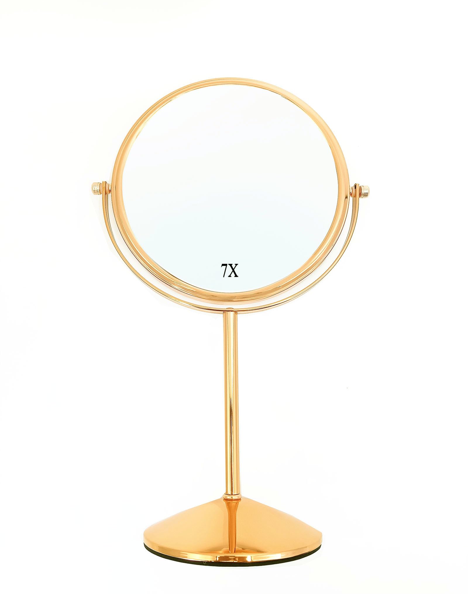 Yarhom Mirror With Lights for Makeup Desk, Rose Gold Magnifying, 1X/10X Double-Sided Small Vanity, Tabletop Round With Stand (Luxury Gold-7X Magnification, No Light)