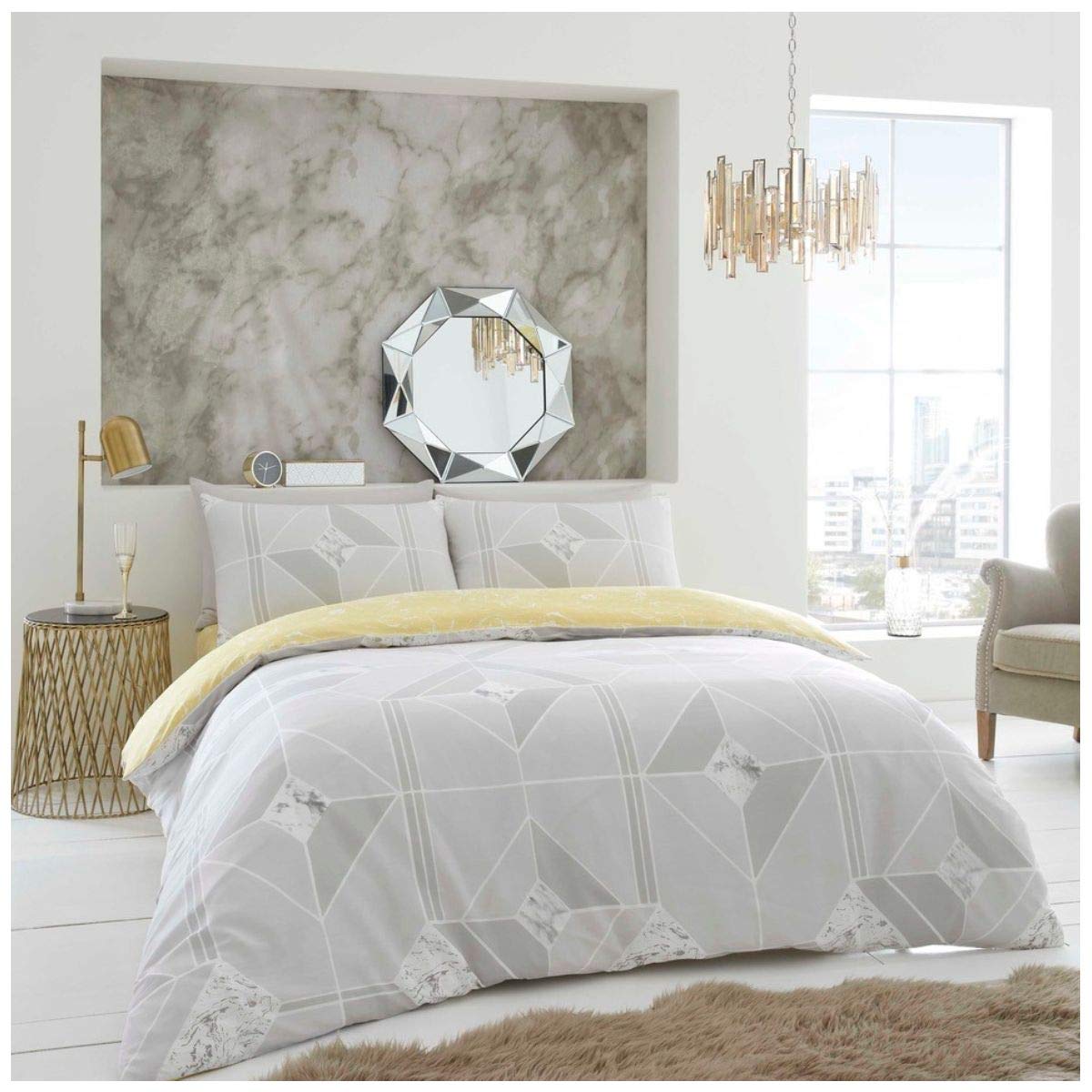 GC GAVENO CAVAILIA Geometric Pattern Shapes Duvet Cover, Luxury Reversible Marble Bedding, Lines Quilt Bed Set, Grey, King