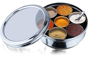 Vinod Stainless Steel Masala Dabba, Spice box, 7 Compartments with Lid, 8 inch Diameter, See-through