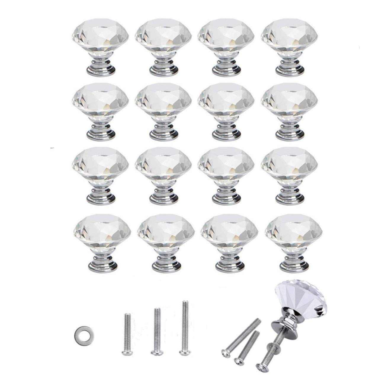 JZK 16 x Pomo de cristal 30 mm perilla de puerta de forma de diamante