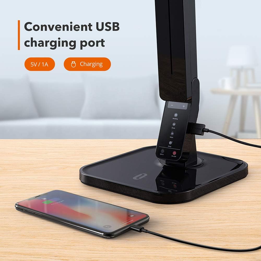 TaoTronics LED Desk Lamp with USB Charging Port, 4 Lighting Modes with 5 Brightness Levels, 1h Timer, Touch Control, Memory Function, 14W, Official Member of Philips EnabLED Licensing Program, Black (TT-DL01) - V Light Lighting Led Strip Desk Lamp - 