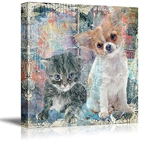 Square Cat Series Canvas Wall Art - A Kitty and a Dog on Colorful Background - Giclee Print Gallery Wrap Modern Home Art Ready to Hang - 12x12 inches