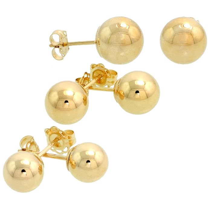 3Pair 14k Gold Ball Earrings Set 6mm 7mm 8mm Jewelry