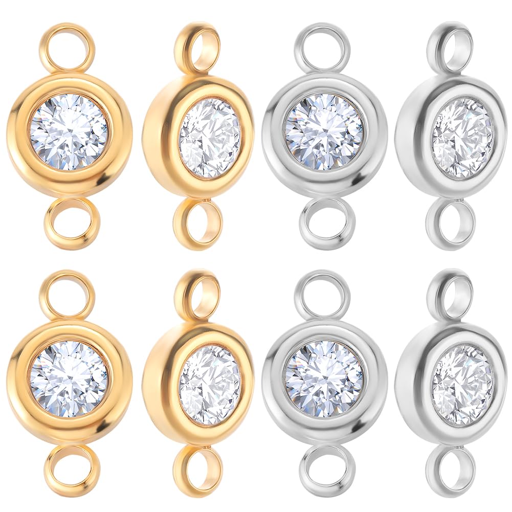 Beebeecraft 20Pcs 2 Colors Rhinestone Connectors 304 Stainless Steel Flat Round Rhinestone Link Charms Double Loops for DIY Earring Jewelry Making