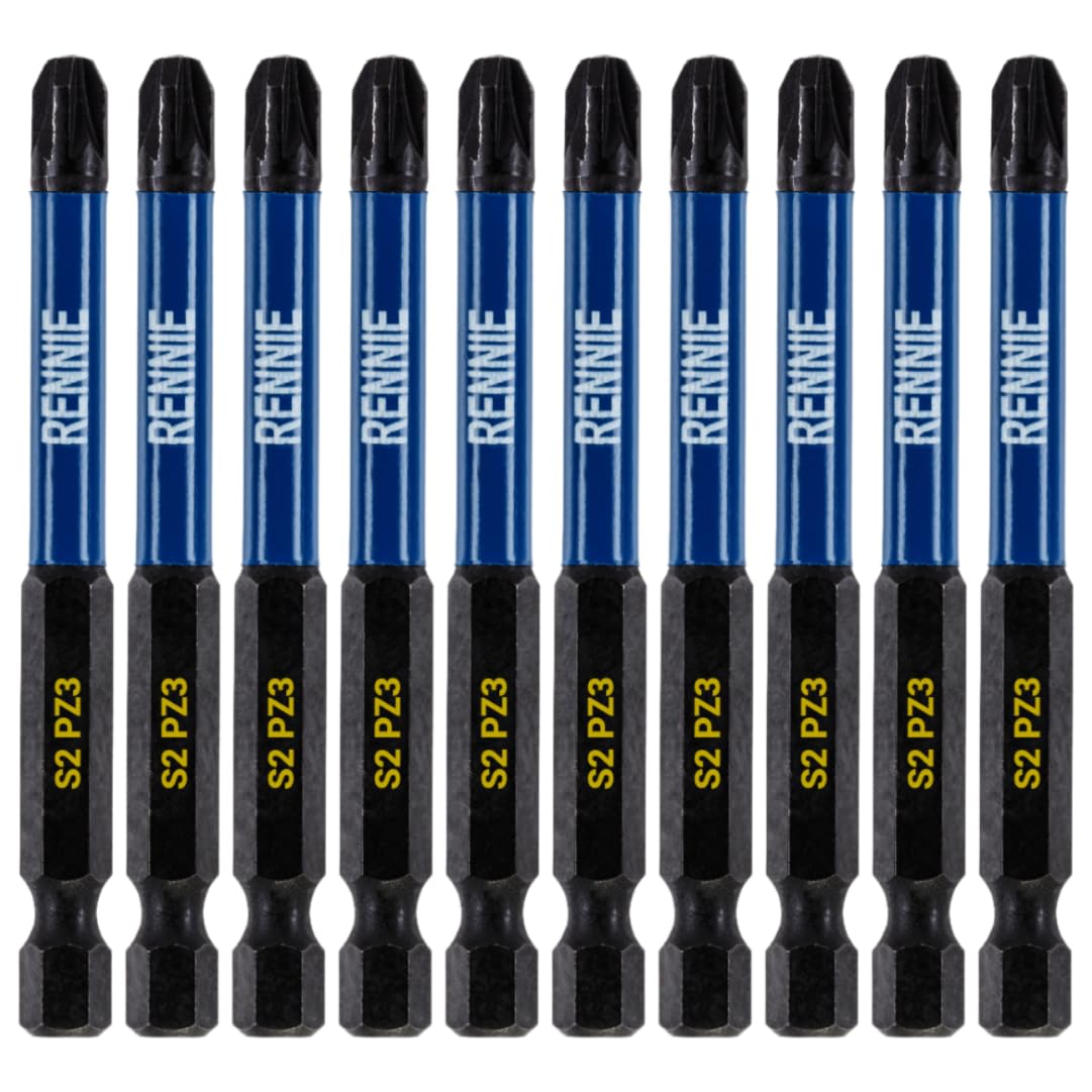 10 x Rennie Tools 75mm Long PZ3 Impact Screwdriver Driver Bits Set. Heavy Duty PoziDriv POZI No.3 Magnetic Screwdriver Bit Set. PZ3 Impact Driver Bits Pozidrive Screw Accessories.