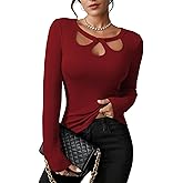 Pink Queen Sexy Tops for Women Fall Clothes Long Sleeve Cutout Keyhole Neck Top Ribbed Knit Shirts