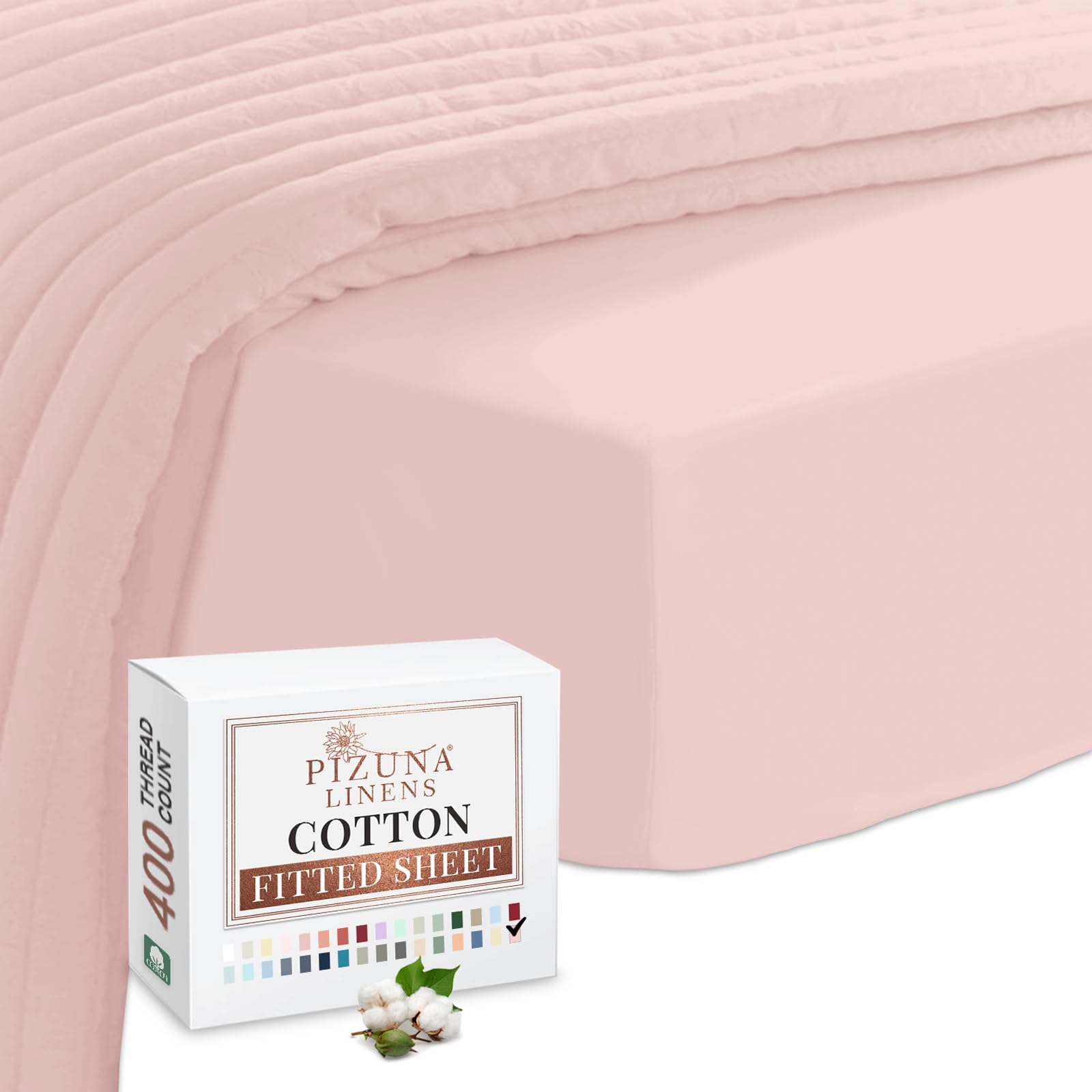 Pizuna 100% Cotton Super King Fitted Sheet Light Pink, 400 Thread Count Long Staple Cotton Fitted Sheet 180x200 cm, Sateen Weave Superking Fitted Sheet Extra Deep 40 cm Fit 1 PC