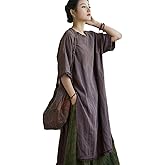 NFYM Women's Linen Midi Dress Short Sleeve Side Slit Distressed Frayed High Low Tunic Dresses