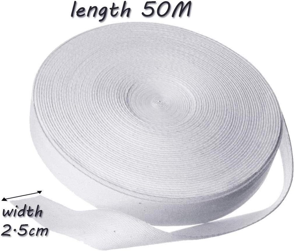 50 Meters 25mm Cotton Tape Bias Binding Tape Bunting Tape Twill Webbing Tape Sew Herringbone Roll Tape for Sewing Dressmaking Alterations Craft Apron, White - Image 4